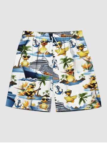 Plus Size Ducks Coconut Tree Anchor Cruise Ship Print Hawaii Beach Shorts For Men - WHITE - M