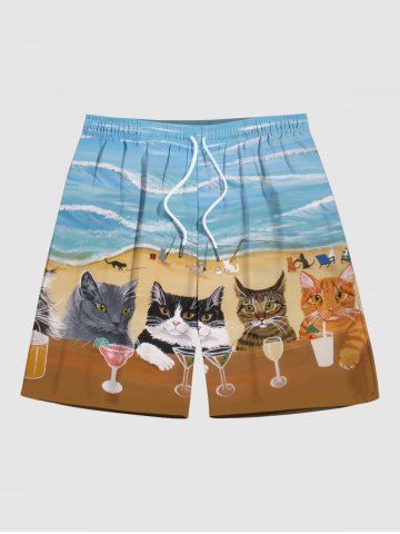 Plus Size Cats Juice Seascape Waves Print Hawaii Beach Shorts For Men - LIGHT BLUE - 3XL