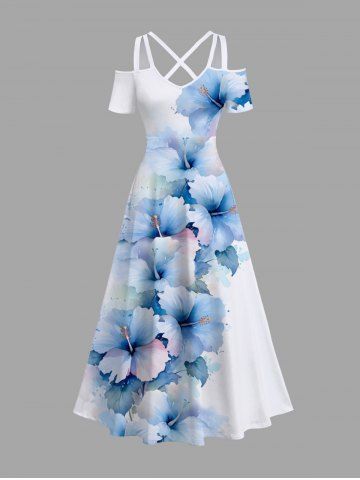 Plus Size Ombre Hibiscus Flower Print Cold Shoulder Crisscross Hawaii Maxi Dress - BLUE - L