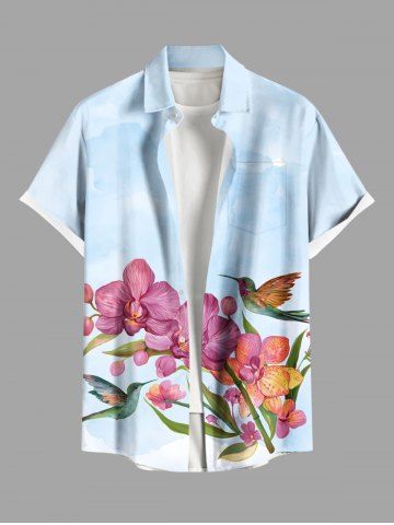 Chemise Imprimé Oiseaux Floral Grande Taille avec Poches à Boutons pour Homme