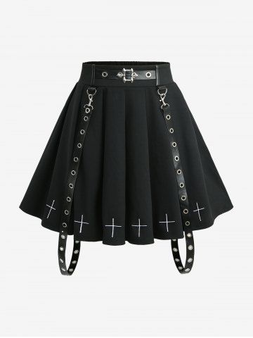 Plus Size Cross Embroidery Buckle Grommets PU Leather Stripe Skirt - BLACK - L | US 12