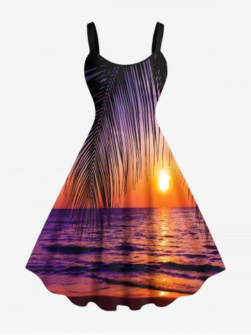 Plus Size Tropical Leaf Sun Waves Seascape Print Hawaii Tank Dress - ORANGE - S