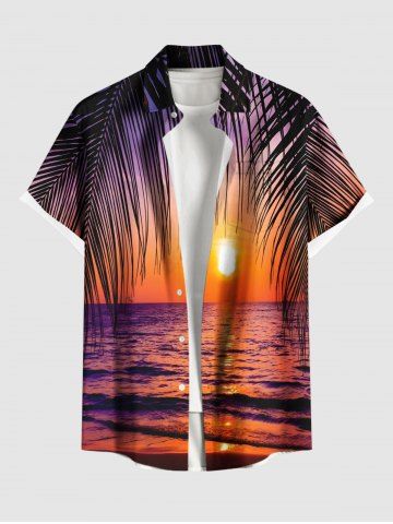 Plus Size Tropical Leaf Sun Waves Seascape Print Buttons Pocket Hawaii Shirt For Men - ORANGE - 2XL