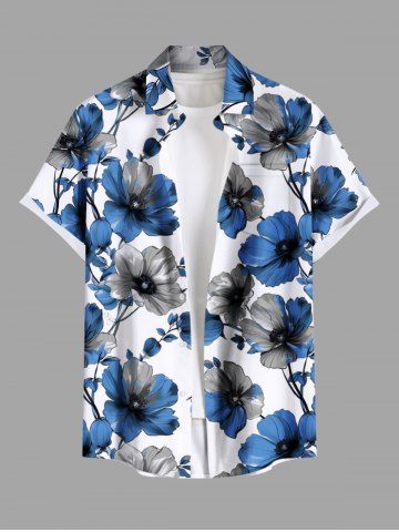 Plus Size Two Tone Flower Branch Print Hawaii Button Pocket Shirt For Men - BLUE - S