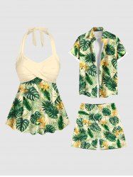Tropical Leaf Flower Print Women Swimsuit and Men Beach Shorts Shirt Matching Hawaii Beach Outfit For Couples -  