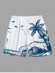 Short de Plage Hawaïen Vague D'Océan Cocotier et Oiseau Imprimés de Grande Taille à Cordon - Blanc L
