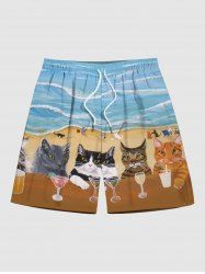 Plus Size Cats Juice Seascape Waves Print Hawaii Beach Shorts For Men -  