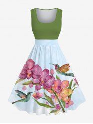 Robe Trapèze Vintage Imprimé Oiseaux Floral Grande Taille - Bleu clair M