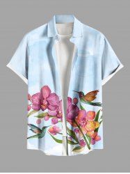 Chemise Imprimé Oiseaux Floral Grande Taille avec Poches à Boutons pour Homme - Bleu clair L