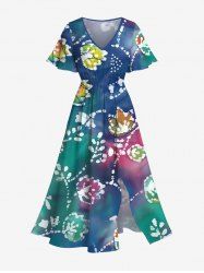 Plus Size Floral Tie Dye Ombre Print Hawaii Split Pocket A Line Midi Dress -  
