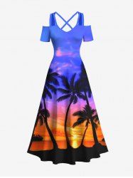 Plus Size Coconut Tree Colorful Sky Print Cold Shoulder Crisscross Hawaii Maxi Dress -  