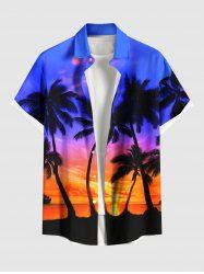 Plus Size Coconut Tree Colorful Sky Print Buttons Pocket Hawaii Shirt For Men -  