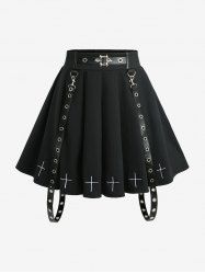 Gothic Plus Size Cross Embroidery Buckle Grommets PU Leather Stripe Skirt -  