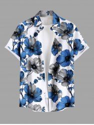 Plus Size Two Tone Flower Branch Print Hawaii Button Pocket Shirt For Men -  