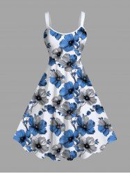 Plus Size Two Tone Flower Branch Print Hawaii A Line Tank Dress -  