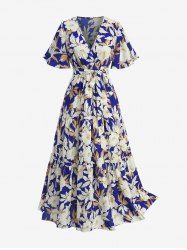 Robe midi cache-cœur à imprimé floral et feuilles grande taille avec ceinture - Bleu 1X | US 14-16