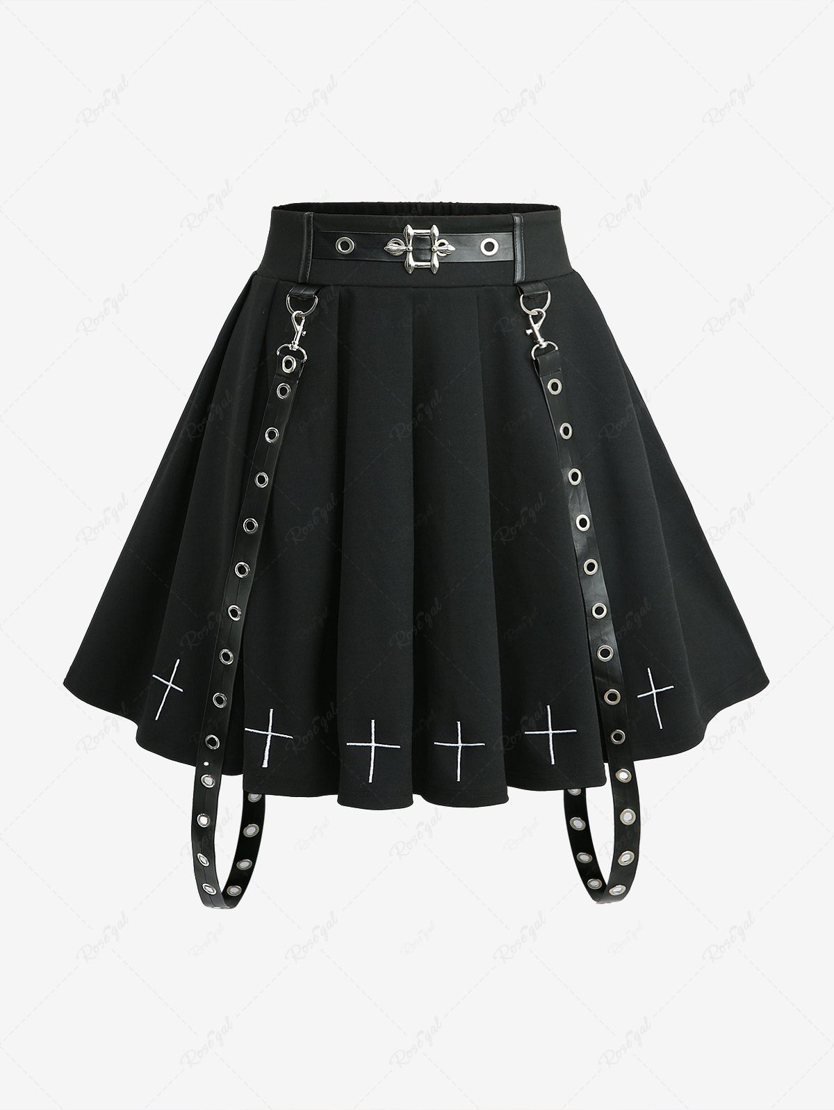 Latest Gothic Plus Size Cross Embroidery Buckle Grommets PU Leather Stripe Skirt  