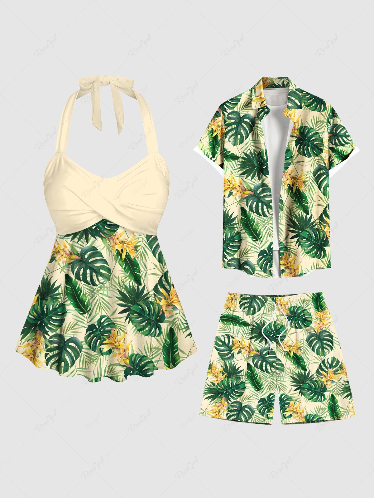 Unique Tropical Leaf Flower Print Women Swimsuit and Men Beach Shorts Shirt Matching Hawaii Beach Outfit For Couples  