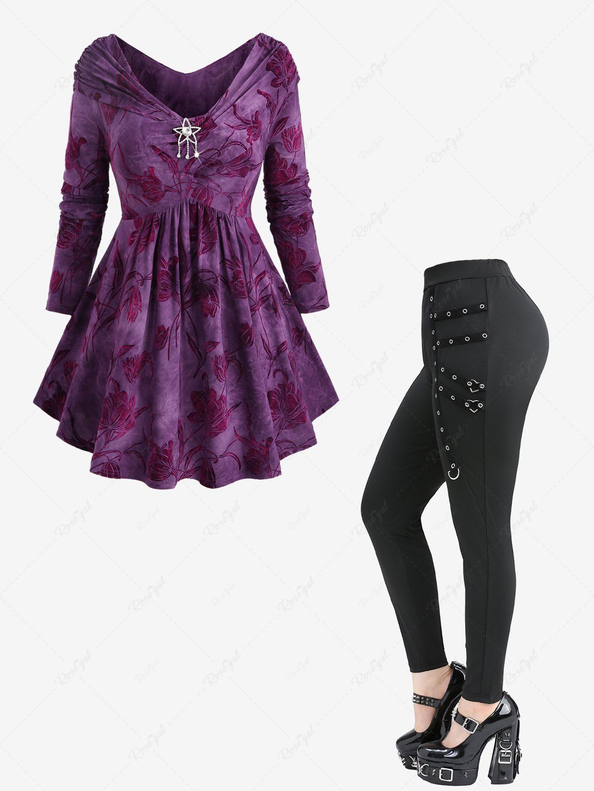Discount Tulip Flower Flocking Velvet Top and Grommet Straps Skinny Leggings Plus Size Outfit  