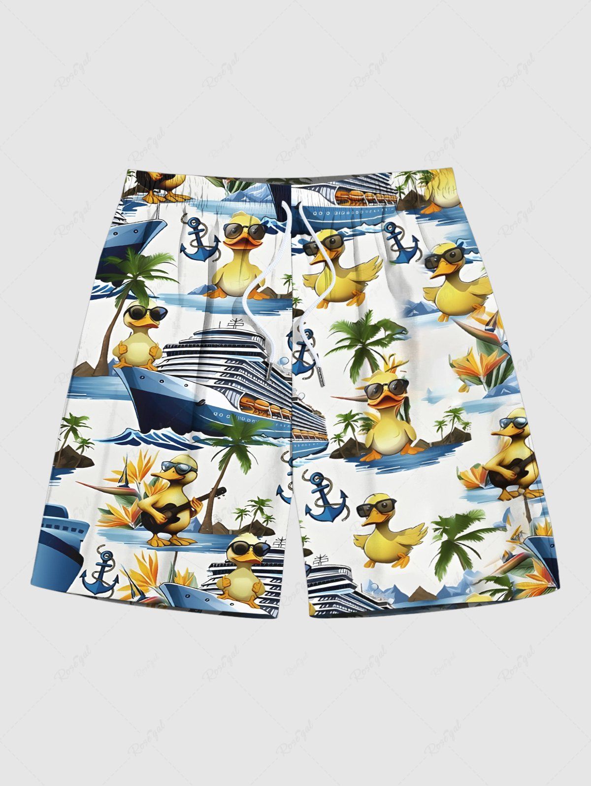 Unique Plus Size Ducks Coconut Tree Anchor Cruise Ship Print Hawaii Beach Shorts For Men  