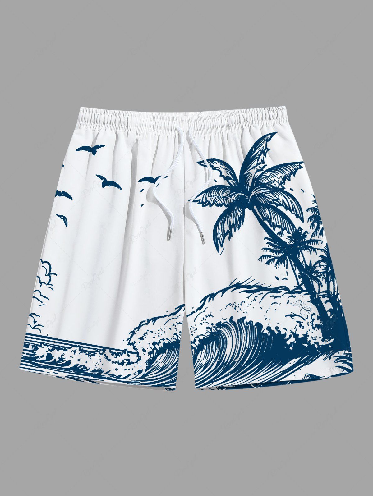 Shops Plus Size Coconut Tree Sea Wave Bird Print Hawaii Drawstring Beach Shorts For Men  
