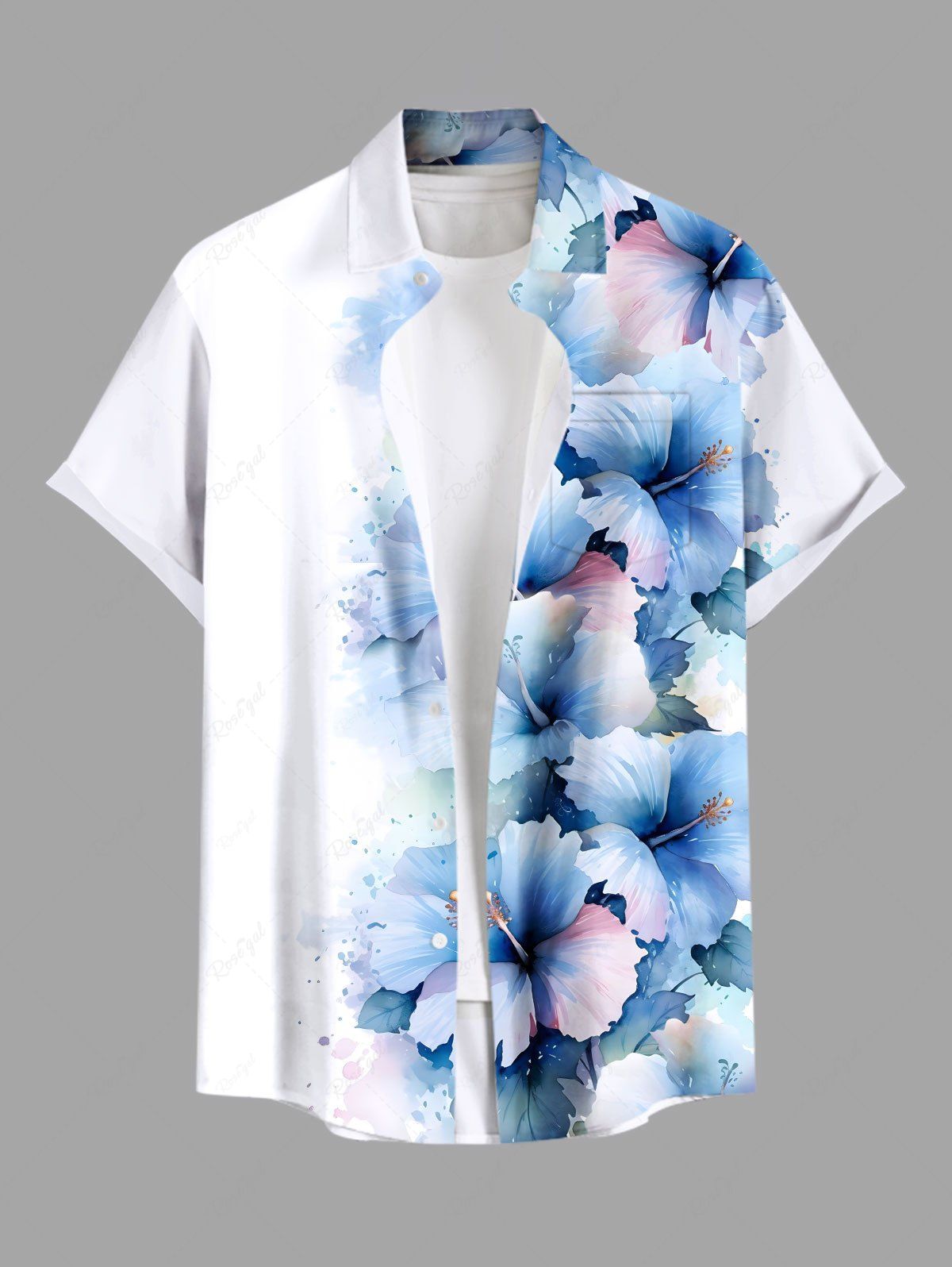 Chic Plus Size Ombre Hibiscus Flower Print Buttons Pocket Hawaii Shirt For Men  