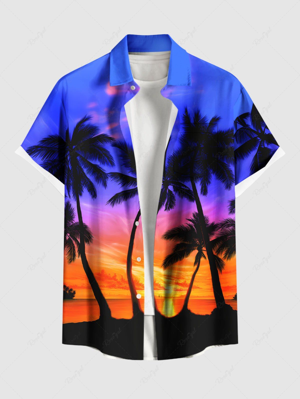 Chic Plus Size Coconut Tree Colorful Sky Print Buttons Pocket Hawaii Shirt For Men  