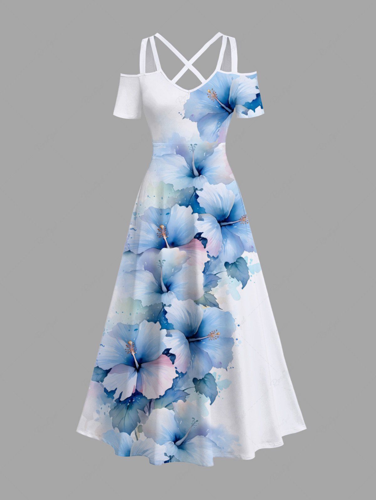 Best Plus Size Ombre Hibiscus Flower Print Cold Shoulder Crisscross Hawaii Maxi Dress  