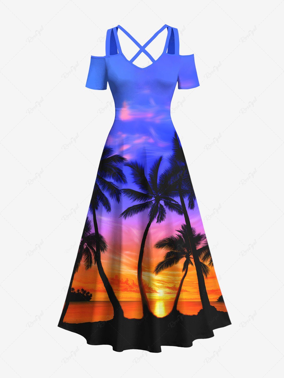 Fancy Plus Size Coconut Tree Colorful Sky Print Cold Shoulder Crisscross Hawaii Maxi Dress  