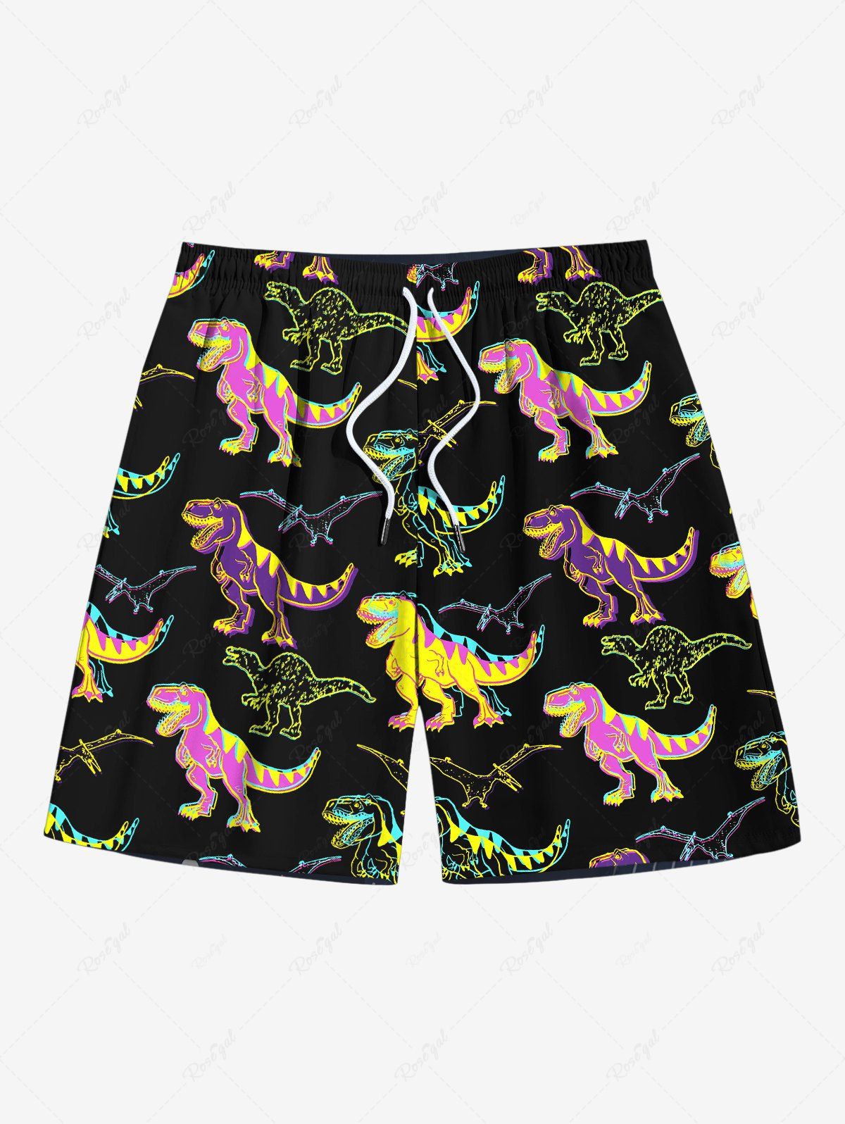 Online Plus Size Colorful Dinosaur Print Hawaii Drawstring Beach Shorts For Men  
