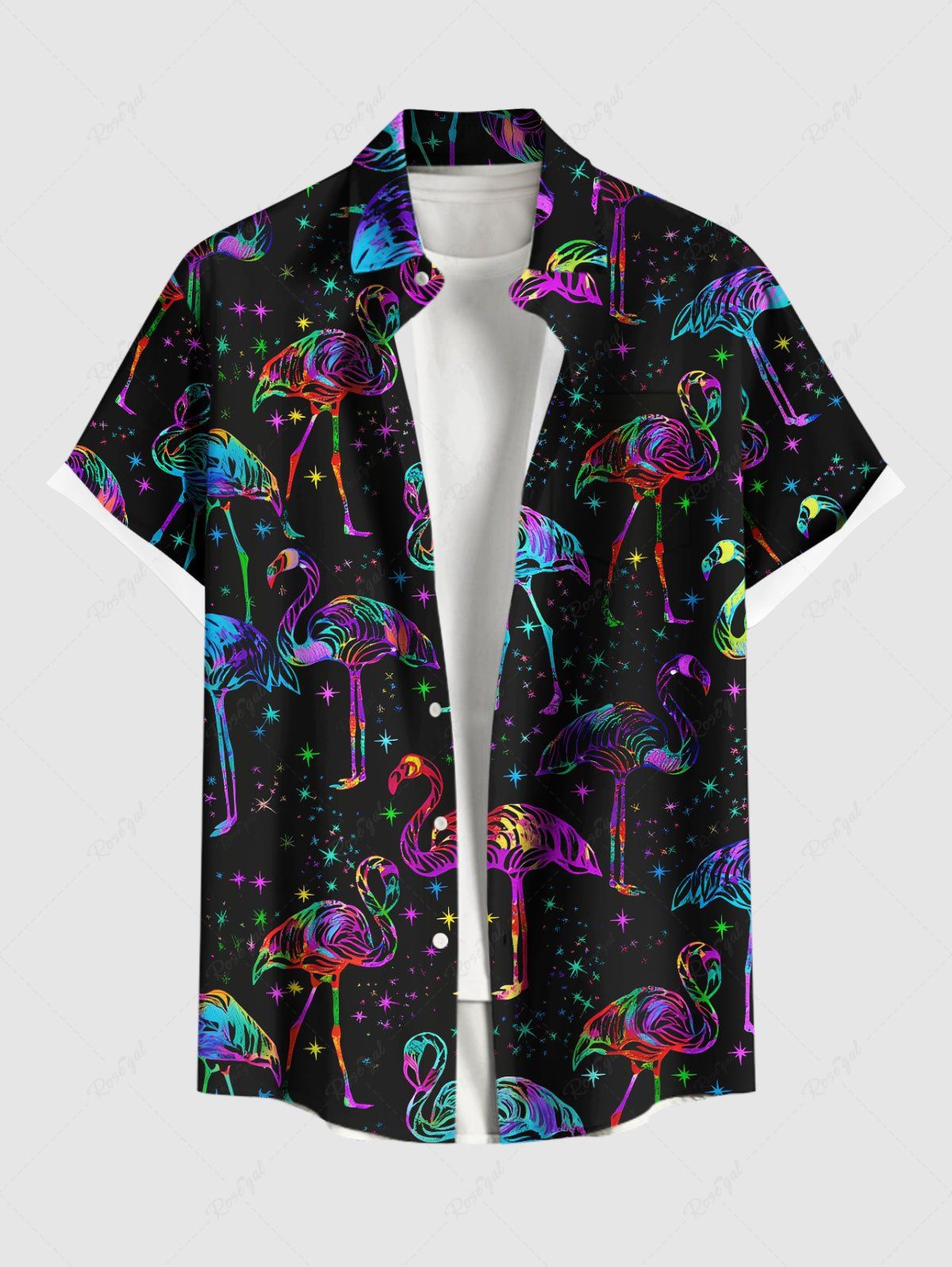 Outfits Plus Size Flamingo Colorful Galaxy Print Hawaii Button Pocket Shirt For Men  
