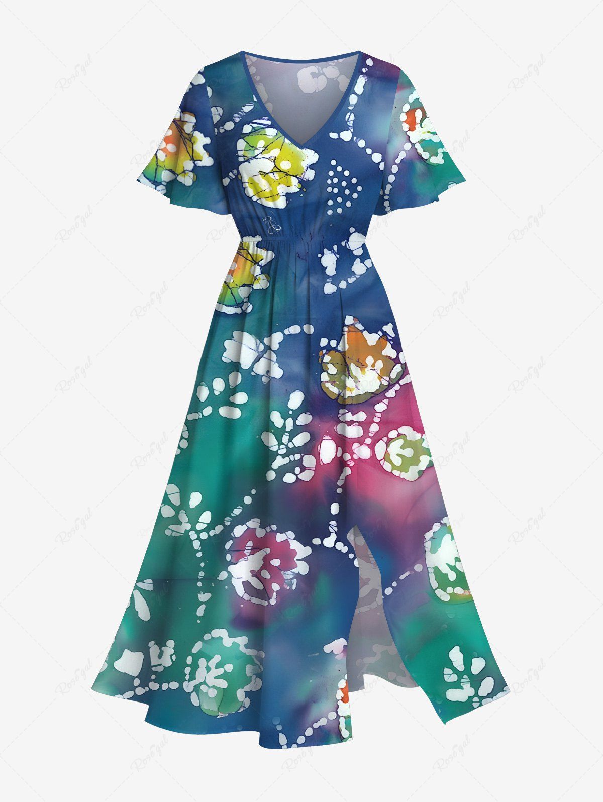 Online Plus Size Floral Tie Dye Ombre Print Hawaii Split Pocket A Line Midi Dress  