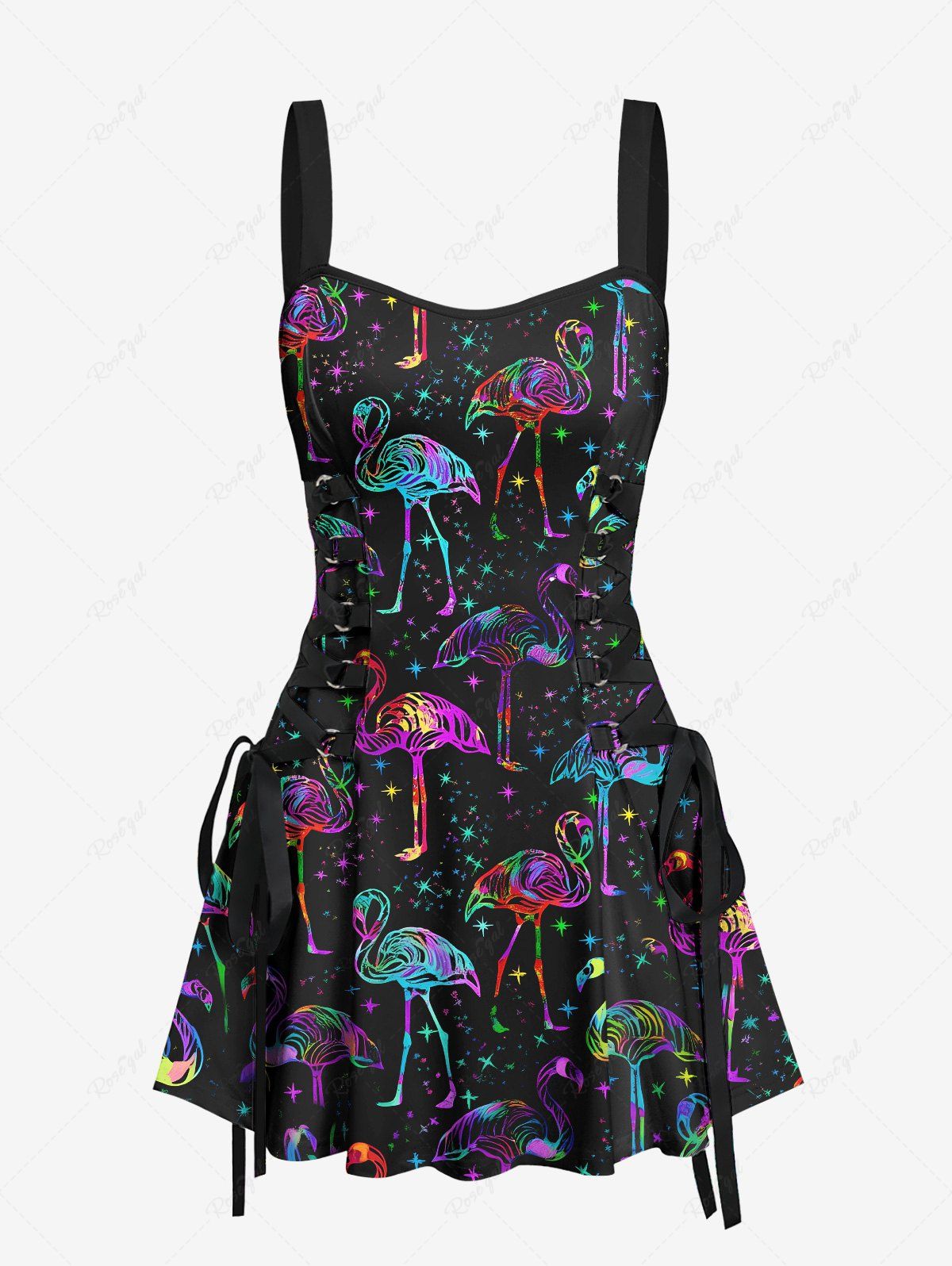 Store Flamingo Colorful Galaxy Print Hawaii Lace Up A Line Tank Dress  