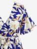 Plus Size Flowers Leaf Print Surplice Midi Dress With Belt -  