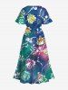 Plus Size Floral Tie Dye Ombre Print Hawaii Split Pocket A Line Midi Dress -  