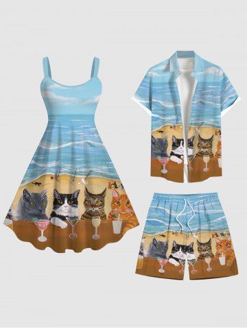 Vacation Style Cats Goblet Sea Beach Print Plus Size Matching Hawaii Beach Outfit For Couples - LIGHT BLUE