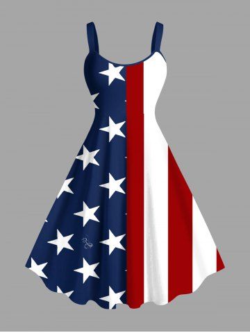 Plus Size Patriotic American Flag Print Tank Dress - DEEP BLUE - L