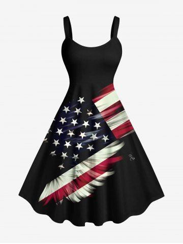 Plus Size Patriotic American Flag Light Beam 3D Print Tank Dress - BLACK - 6X