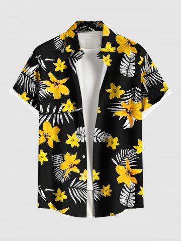 Chemise à poches boutonnées hawaïennes à imprimé floral tropical et feuilles grandes tailles pour hommes - BLACK - 3XL