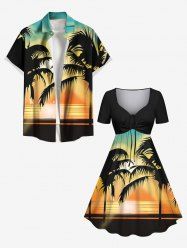 Coconut Tree Sun Ombre Colorblock Print Plus Size Matching Hawaii Beach Outfit For Couples -  