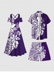 Tropical Leaf Hibiscus Flower Print Plus Size Matching Hawaii Beach Outfit For Couples -  
