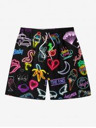 Plus Size Glitter Neon Flamingo Banana Heart Wing Moon Cherry Print Hawaii Drawstring Beach Shorts For Men -  