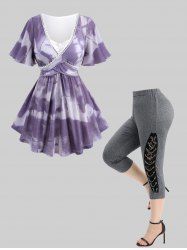 Rose Flower Jacquard Crossover Ombre 2 in 1 Top and Lace Patchwork Lace-up Marled Capri Leggings Plus Size Outfit -  