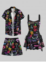 Short de Plage Hawaïen Flamant Lune Cœur Imprimés pour Couple - Noir 