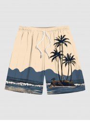 Short de Plage Hawaïen à Imprimé Cocotiers et Paysage Marin Grande-Taille pour Hommes - café lumière 6XL