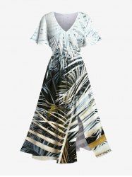 Robe Cache-Coeur Mi-longue à Imprimé Feuille Tropicale Grande Taille - Blanc 3X
