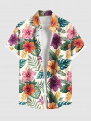 Plus Size Colorful Floral Tropical Leaves Print Hawaii Button Pocket Shirt For Men -  