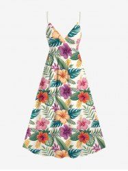Plus Size Colorful Floral Tropical Leaves Print Hawaii Surplice A Line Cami Dress -  