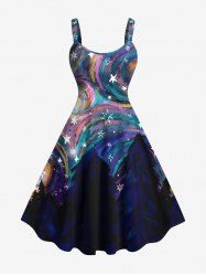 Robe Ligne A Etoile Galaxie Spirale Colorée Imprimée de Grande Taille - Bleu de Minuit M