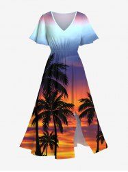 Robe Mi-Longue Hawaïen Fendue Cocotier Colorée Ombrée de Grande Taille - Bleu 3X